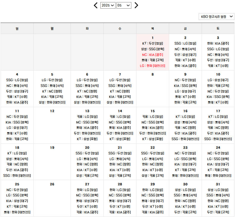 2025 5월 KBO 전체일정