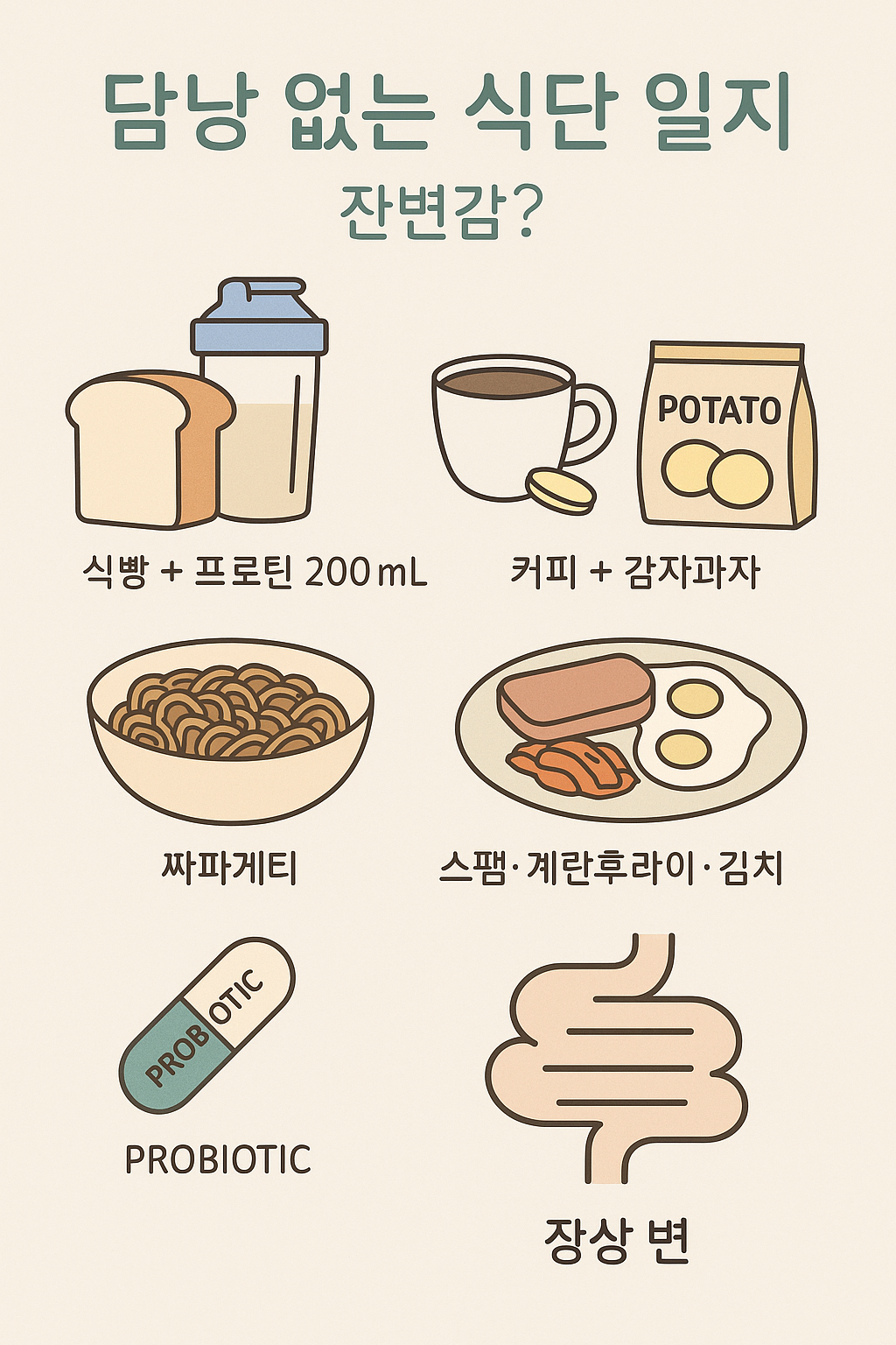 담낭 제거 후 식빵, 짜파게티, 스팸 섭취와 배변 상태를 정리한 인포그래픽 썸네일