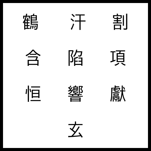 鶴 학 학, 汗 땀 한(ː), 割 벨 할, 含 머금을 함, 陷 빠질 함ː, 項 항목 항ː, 恒 항상 항, 響 울릴 향ː, 獻 드릴 헌ː, 玄 검을 현