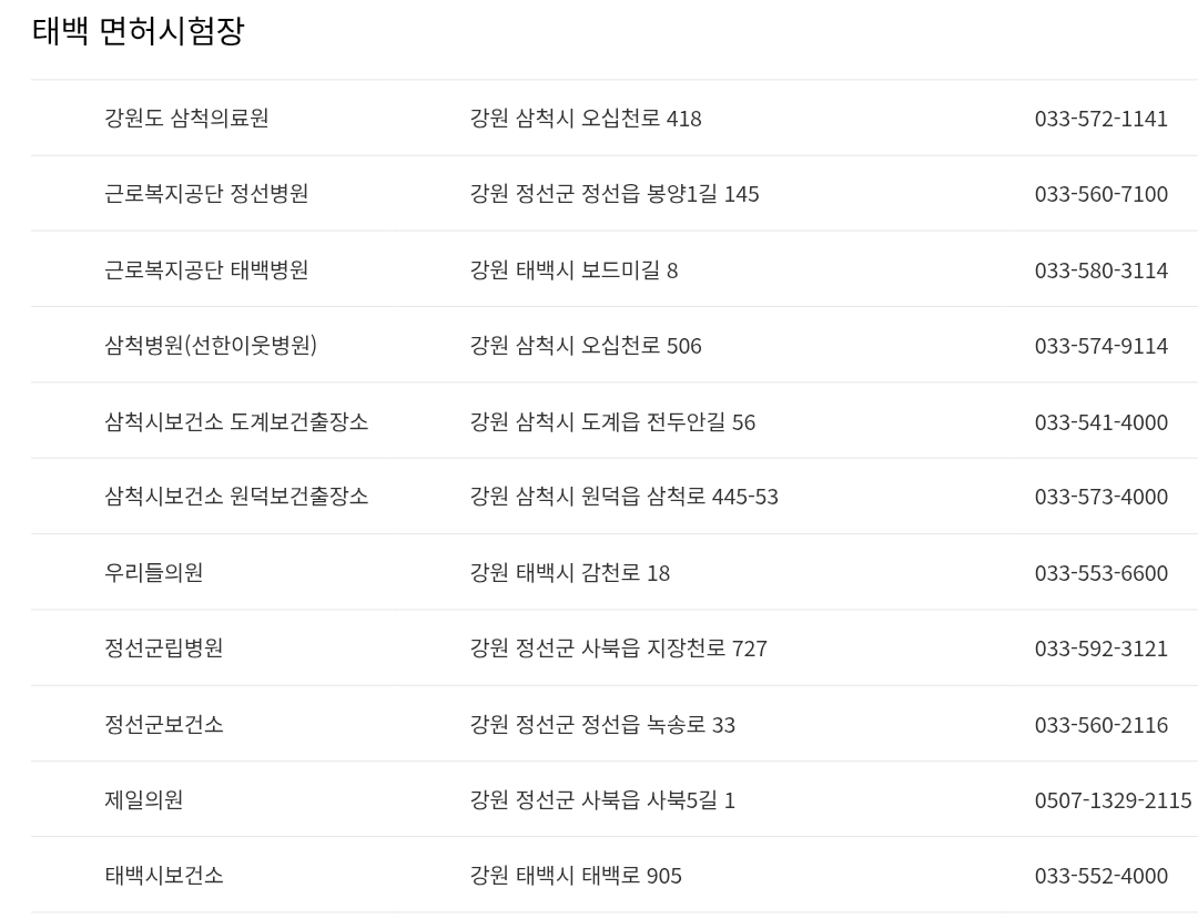 강원 태백 운전면허시험장 신체검사서 발급기관 주소, 연락처 등 안내