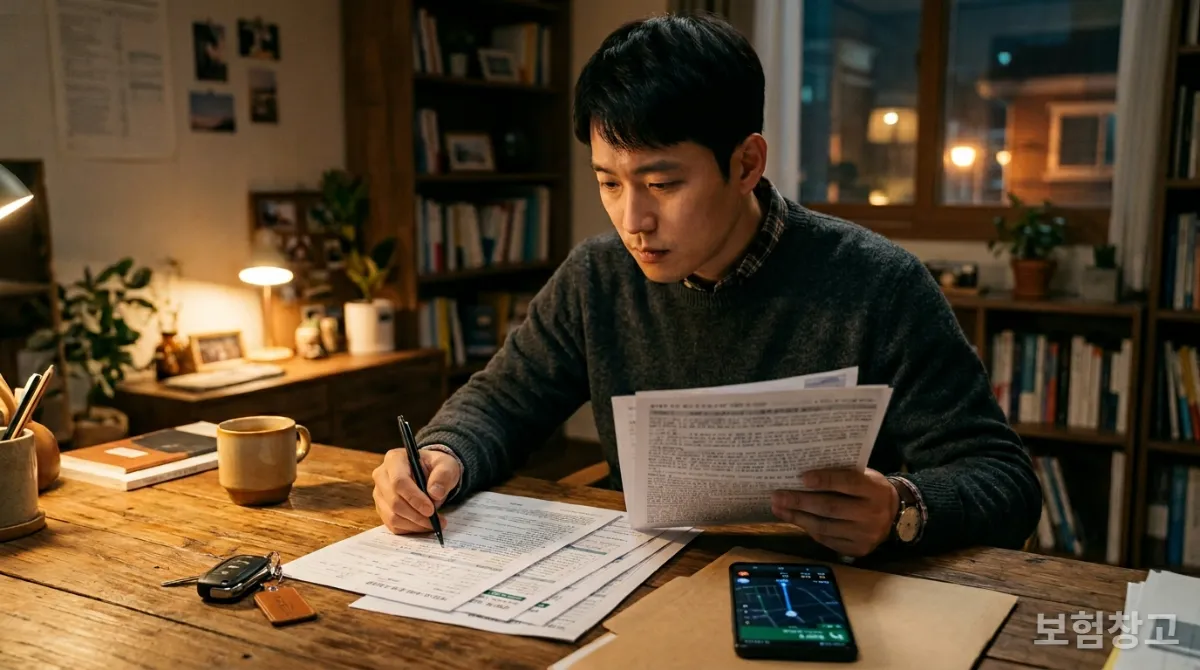30대 한국인 남성이 집에서 자동차보험 및 운전자보험 변경 서류를 꼼꼼히 검토하는 모습