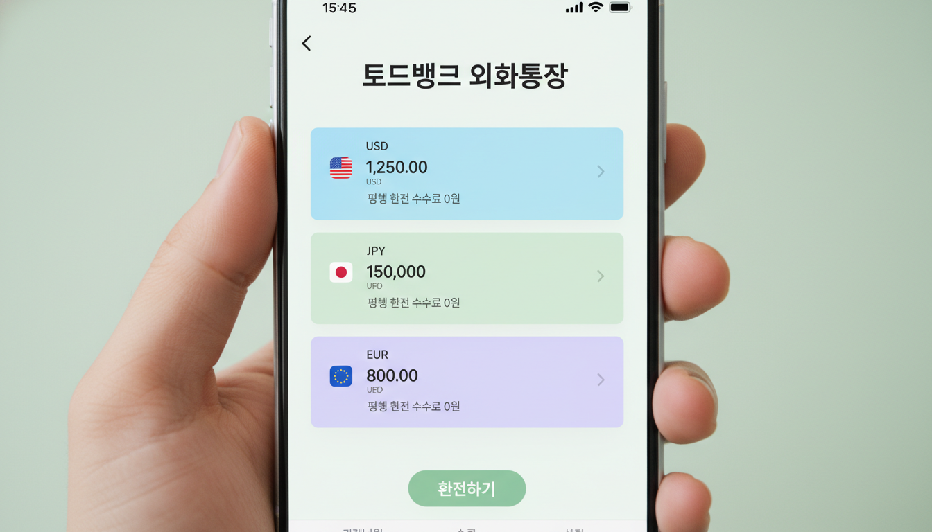 토스뱅크 외화통장 앱 화면. 여러 외화의 평생 환전 수수료 무료 혜택을 보여준다.