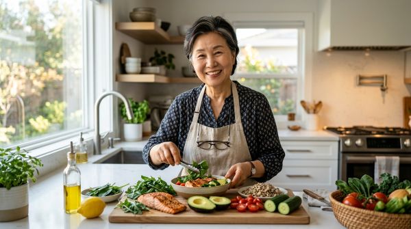 건강한 노년 여성이 신선한 채소와 양질의 단백질 식단을 앞에 두고 미소 짓는 모습