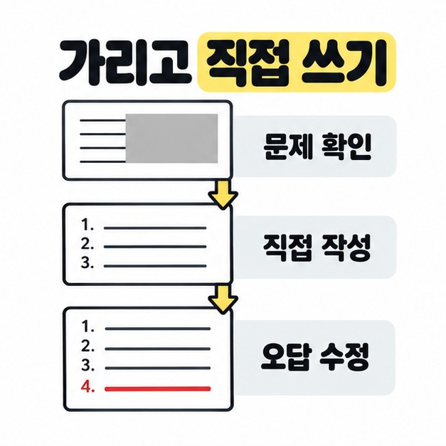 문제 확인, 직접 작성, 오답 수정 순서를 세로로 연결하고 마지막 답안에 빨간 줄을 추가해 빠진 내용을 보완하는 과정을 보여주는 그림
