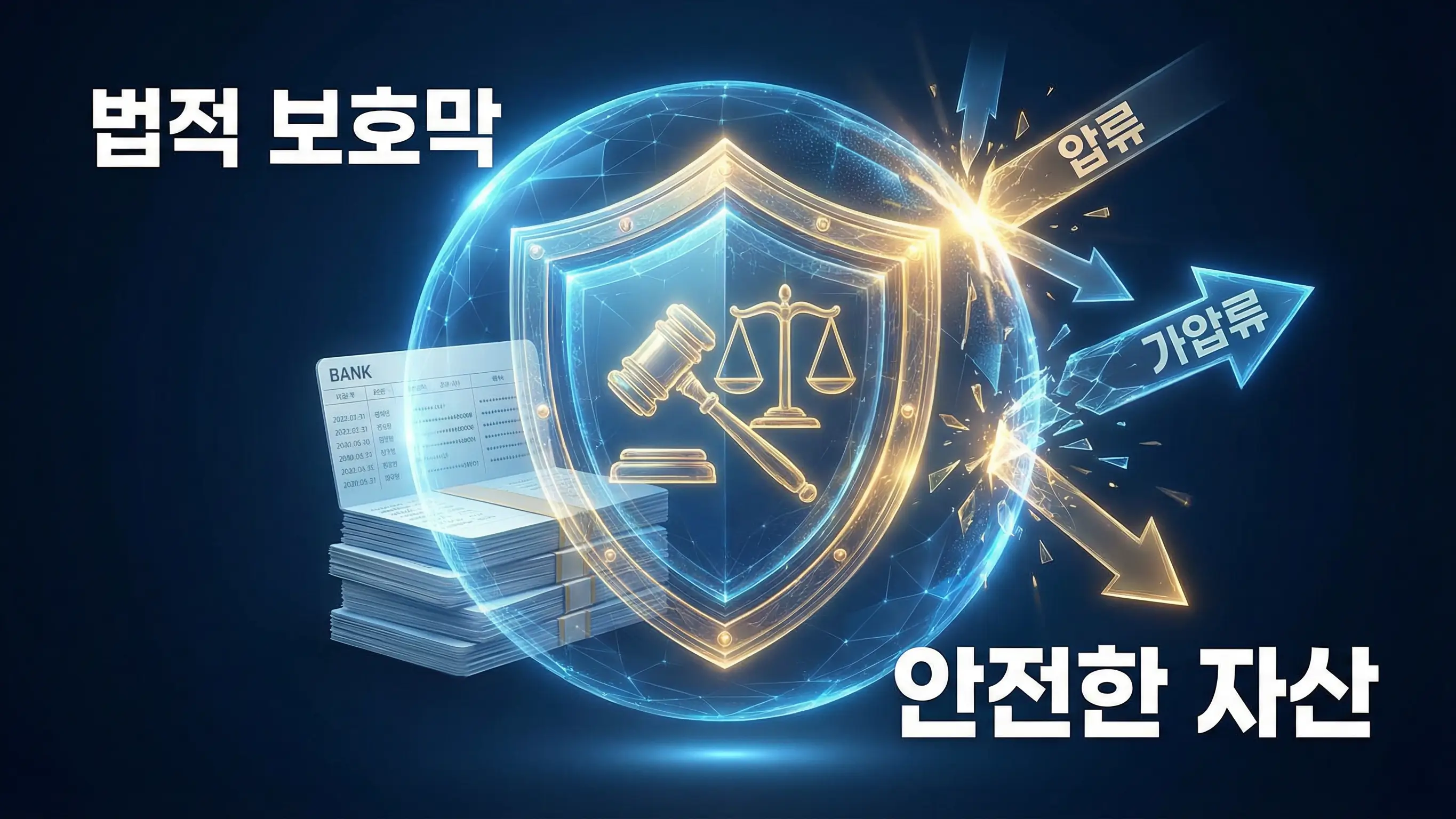 법적인 보호막인 방패 아이콘이 통장을 감싸고 있어 외부의 압류 시도(화살)를 막아내는 이미지
