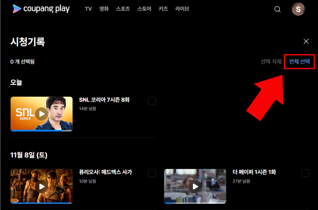 영상 목록 전체 선택