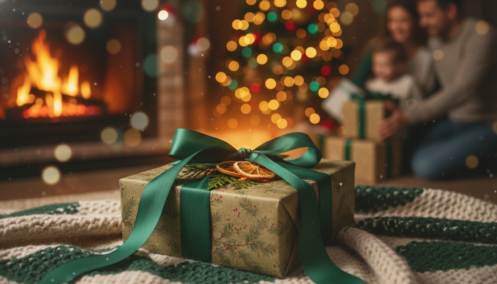 따뜻한 벽난로 옆 담요 위에 놓인 초록 리본의 크리스마스 선물 상자, 사랑과 포근함을 상징하는 아늑한 분위기