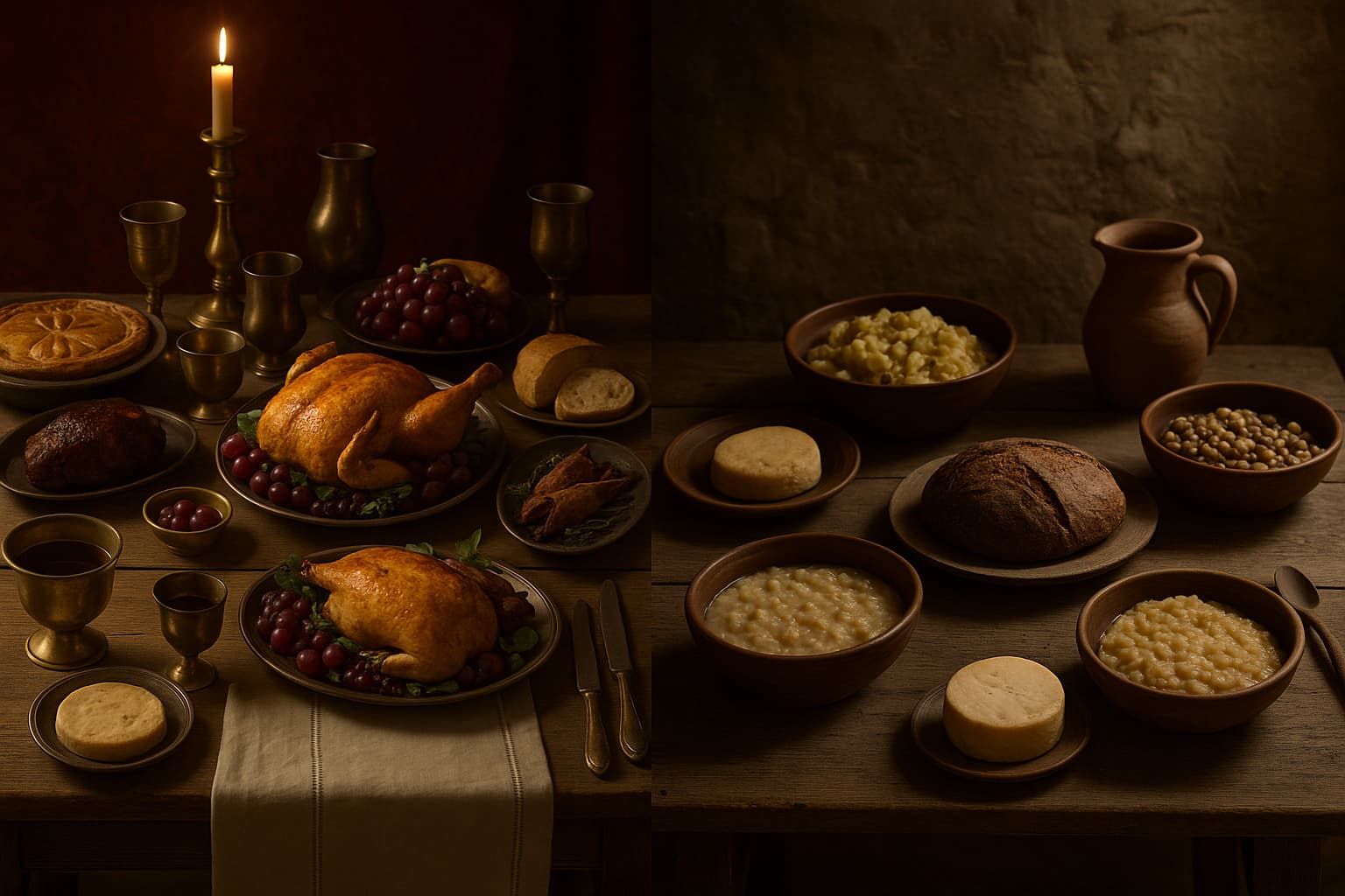 중세 유럽 귀족식탁과 농노식탁에 각가 음식이 차려져있는 이미지