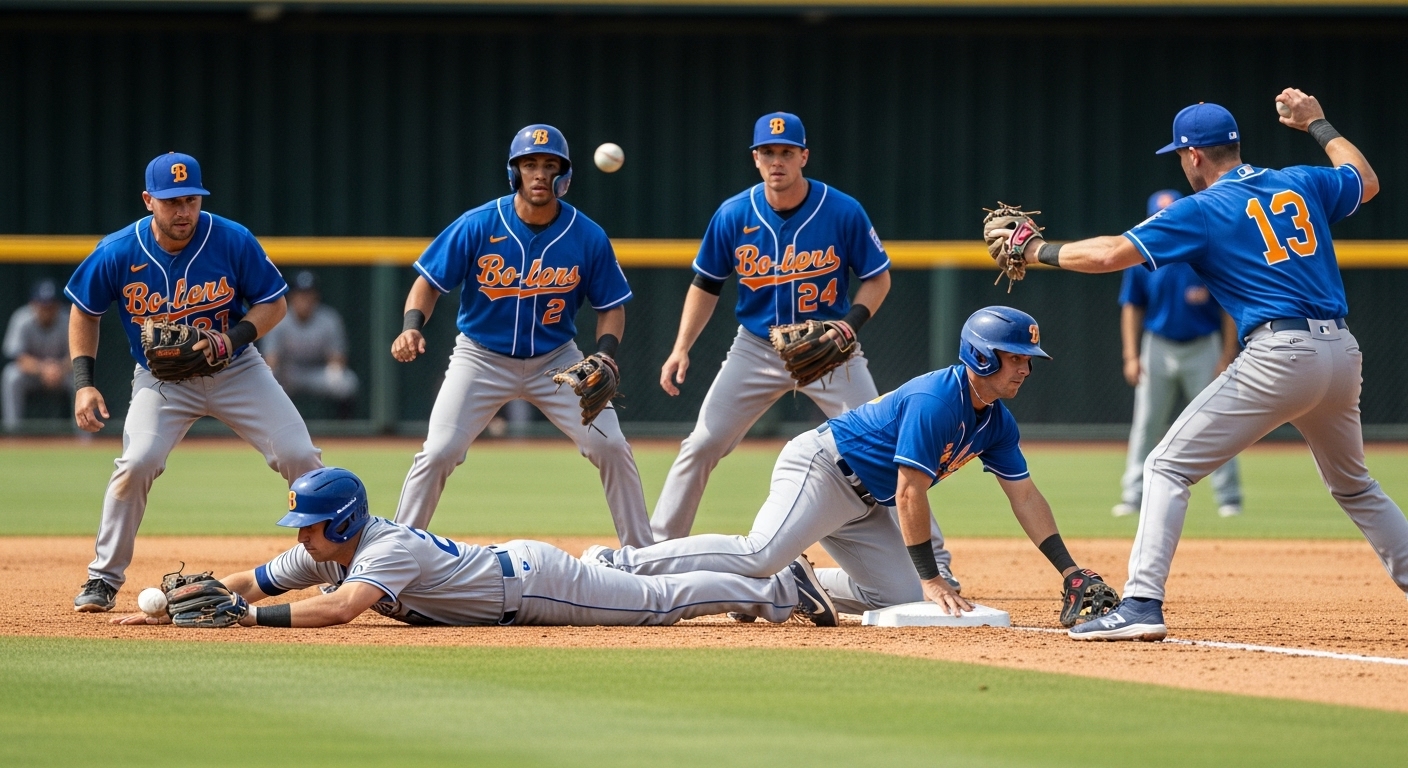 야구 내야에서 땅볼을 처리하기 위해 빠르게 움직이는 1루수, 2루수, 유격수, 3루수들의 협동 수비 장면