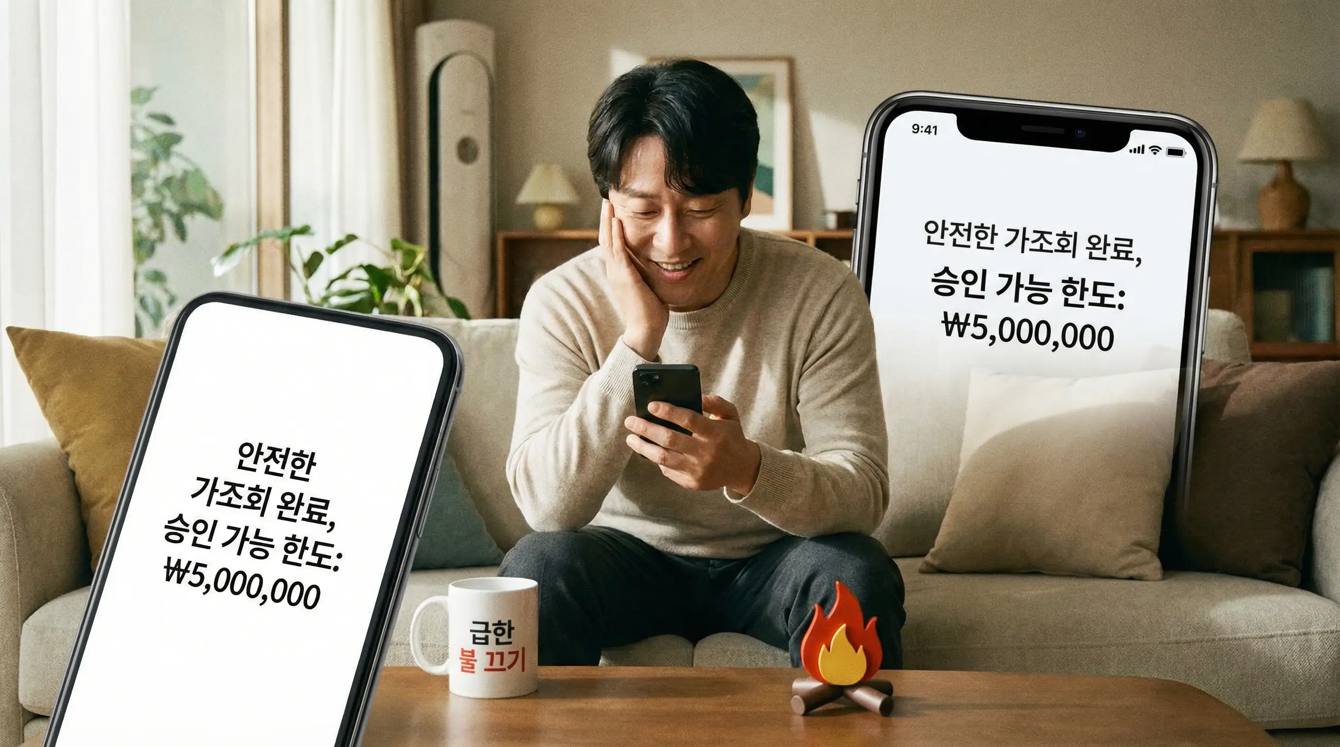 안전한 가조회를 통해 승인 가능한 한도를 확인하고 급한 불을 끄는 안도하는 모습