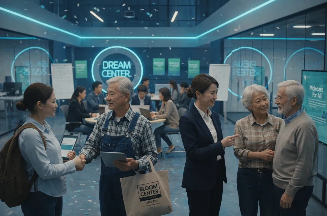 다양한 계층의 사람들이 정부 지원을 받아 희망을 얻는 모습. 소상공인, 청년, 어르신 등 모든 국민을 아우르는 사회 안전망과 일자리 창출을 상징합니다.