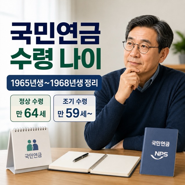 국민연금 수령 나이를 고민하는 중장년 남성과 1965년생부터 1968년생 정상 수령 만 64세, 조기 수령 만 59세 안내