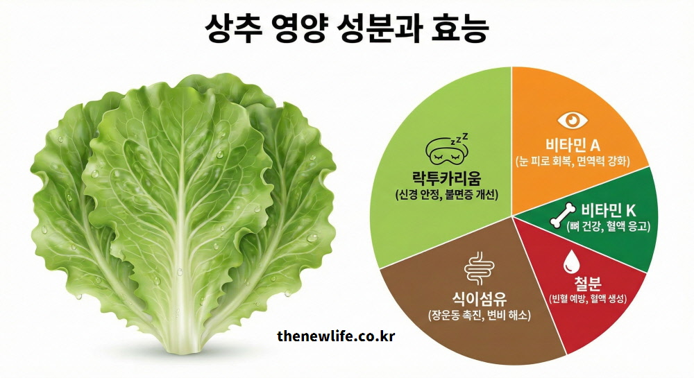 락투카리움, 비타민A, 비타민K, 철분, 식이섬유 등 5대 영양소와 주요 기능을 정리한 상추 효능 성분표