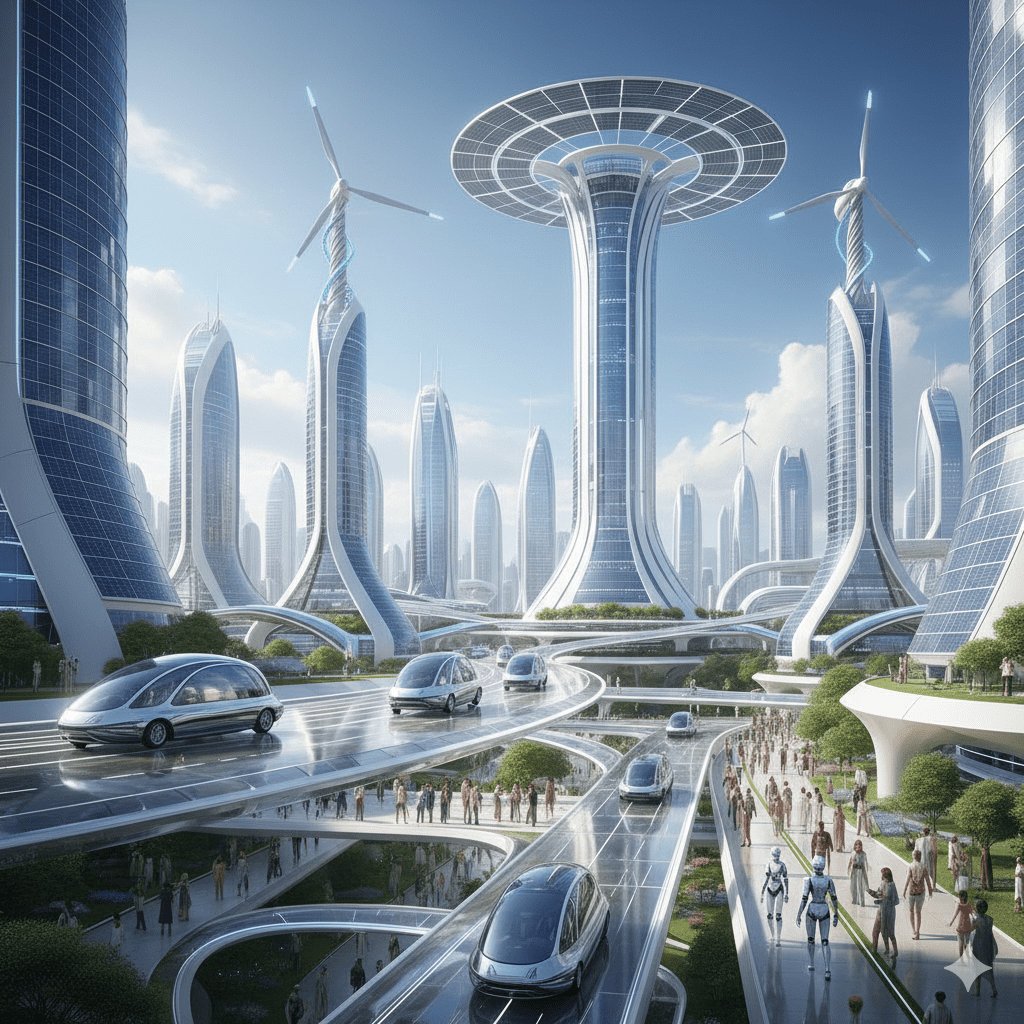 AI 로봇과 지속 가능한 에너지로 가득한 미래 도시의 풍경