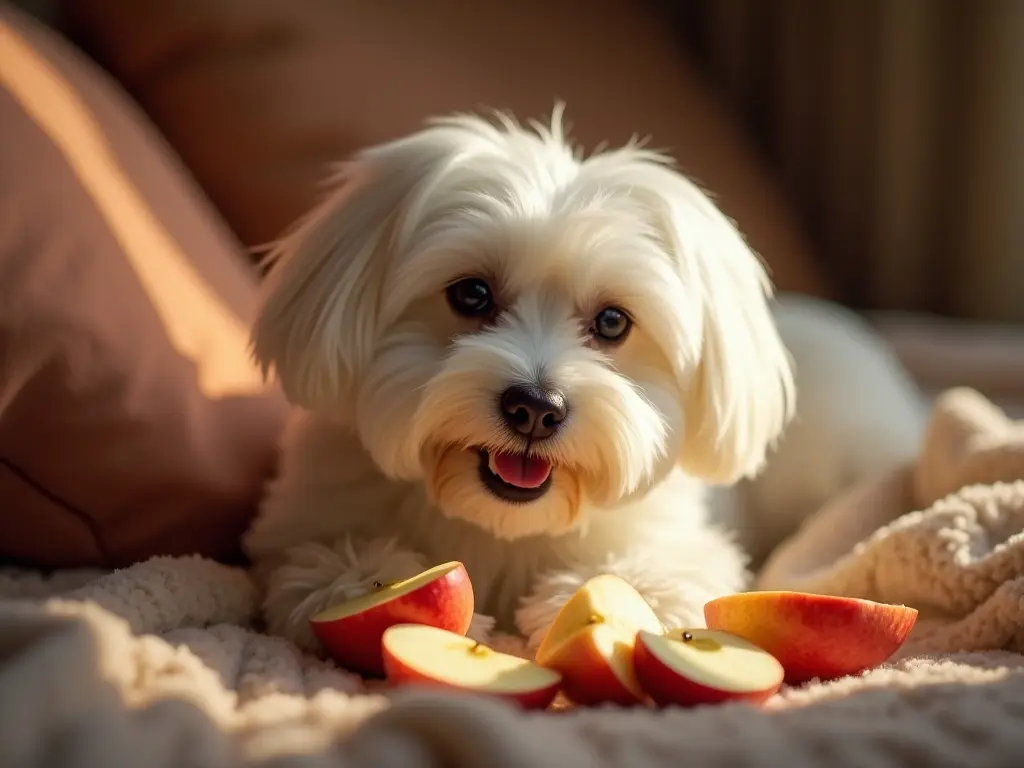 말티즈 강아지가 사과 조각과 함께 있는 모습