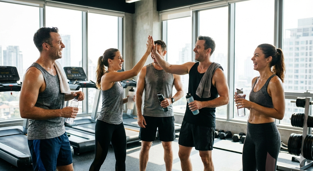 활력 넘치는 3040세대 남녀가 헬스장에서 운동 후 시원하게 웃고 있는 모습