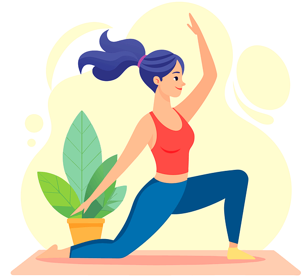 파란색 레깅스와 다홍색 나시티를 입은 파란머리 여성이 바닥에서 스트레칭을 한다.