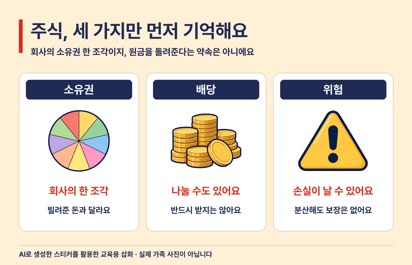 주식의 소유권, 배당은 선택 사항, 원금 손실 위험을 세 칸으로 정리한 스티커 도해
