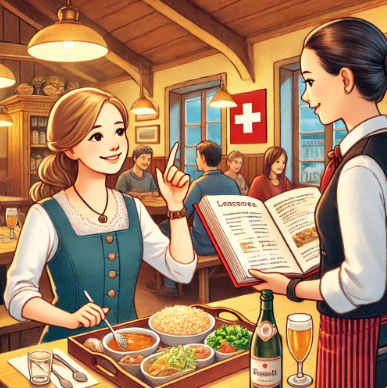 스위스 식당에서 주문하고 있는 어학연수생 모습