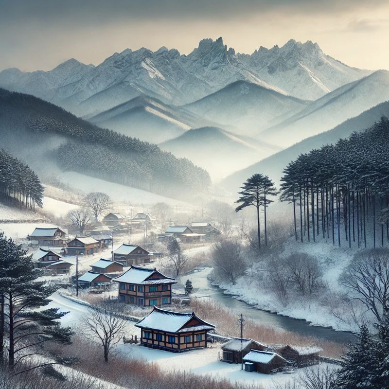 A serene winter landscape in Gangwon, 강원도의 겨울 전경