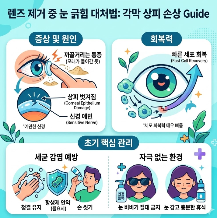 렌즈 제거 중 눈 긁힘으로 발생하는 각막 상피 손상 원인과 회복 과정, 초기 관리 원칙을 설명한 인포그래픽
