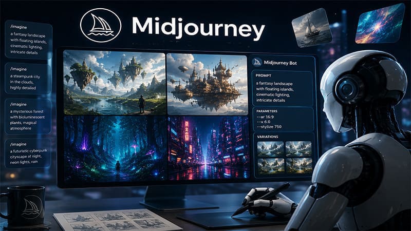 <img src="midjourney-ai-image-generation.jpg" alt="미드저니 AI 이미지 생성 화면과 다양한 인공지능 이미지">