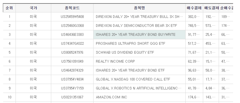 서학개미 미국주식 순매수 순위 Top10 순위를 나타낸 사진