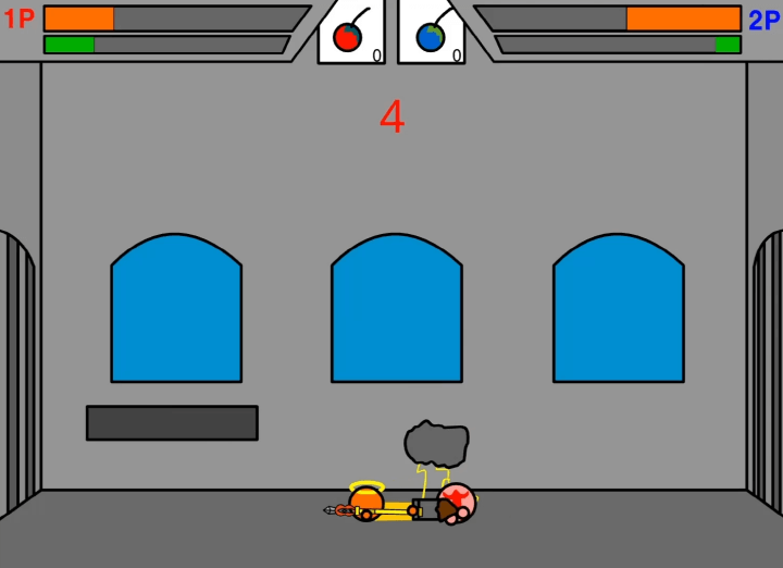 바운스어택-2인용-플래시게임-플레이-필살기를-사용하여-적을-공격하는-화면