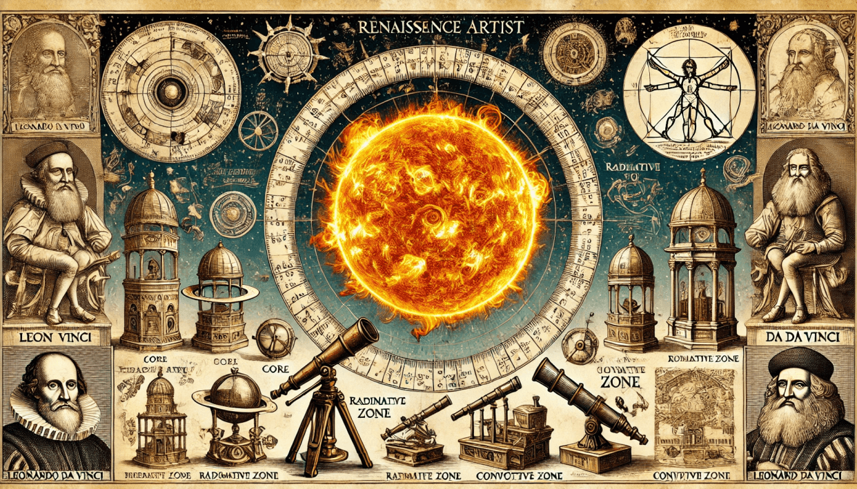 이글이글 불타는 붉은색의 태양이 가온데 있고 그 주변으로 측정하는 각종 도구가 자리 잡고 있다. 사이드에는 여러 고대 학자들이 그려져 있다. 망원경이 아래에 그려져 있다. 전체적으로 태양과 관련된 고대의 학문과 관련된 느낌이 드는 사진이다.