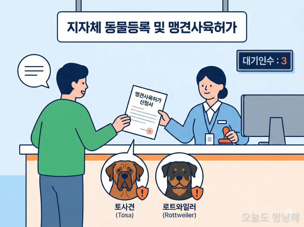 맹견 사육 허가 신청을 위해 한국 관공서에 서류를 제출하는 반려인의 모습 일러스트