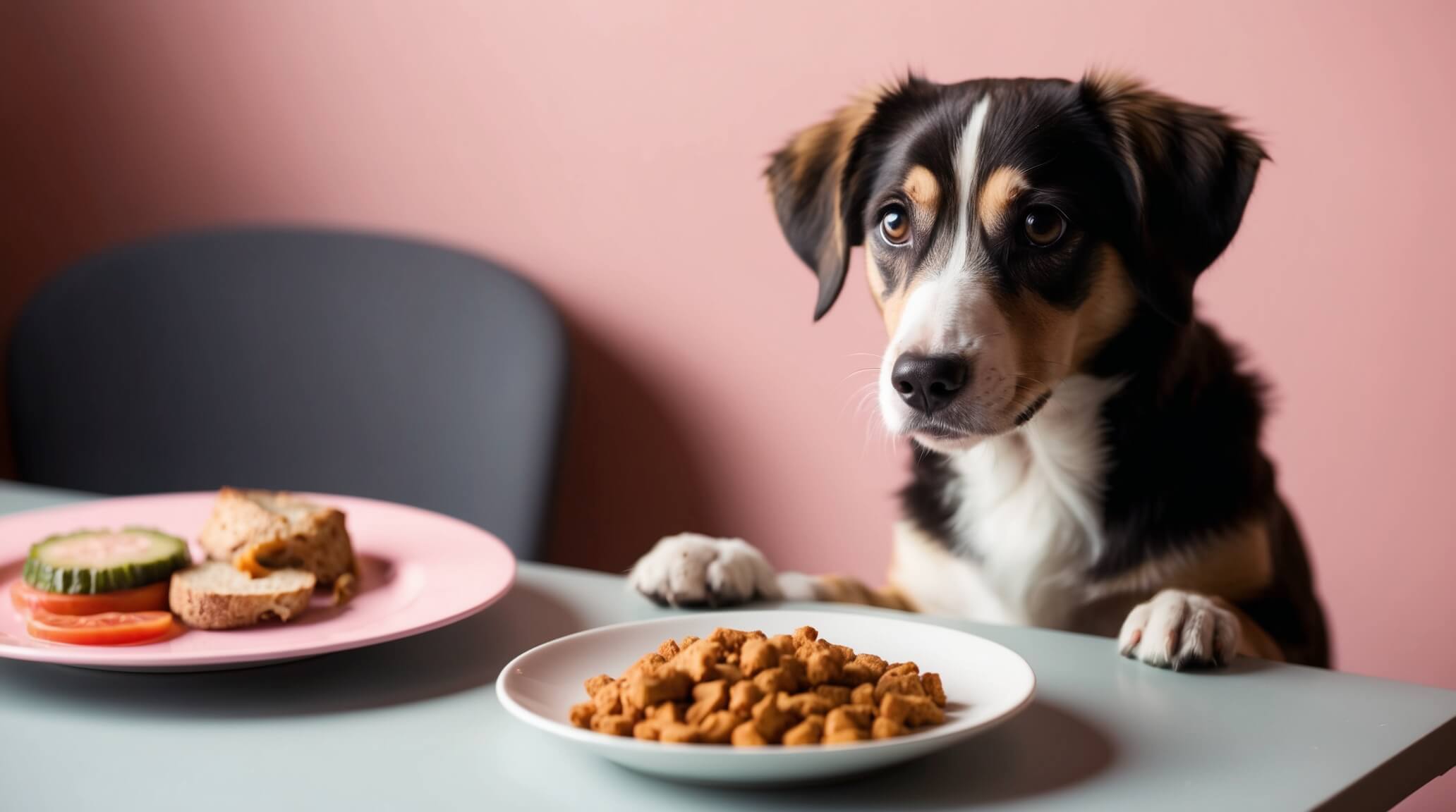 worried dog looking at human food on table