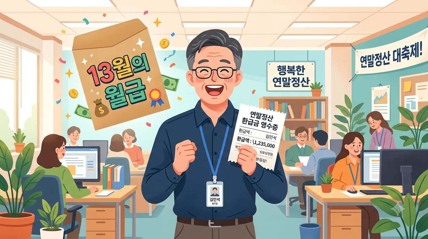 영수증을 들고 놀란 표정을 짓는 50대 직장인, 뒤에 "13월의 월급" 봉투