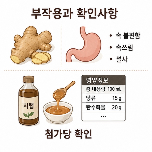 생강 섭취 뒤 나타날 수 있는 속 불편함과 속쓰림, 설사 및 달게 만든 제품의 첨가당 확인 필요성을 정리한 이미지