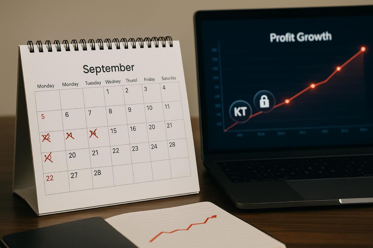 달력에 표시된 날짜와 노트북의 상승 그래프.