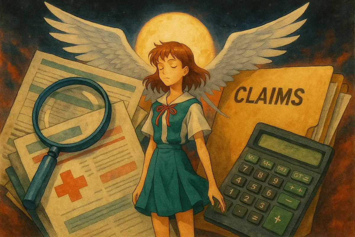 보험 청구 서류와 돋보기를 보며 보험금 삭감 원인을 분석하는 모습