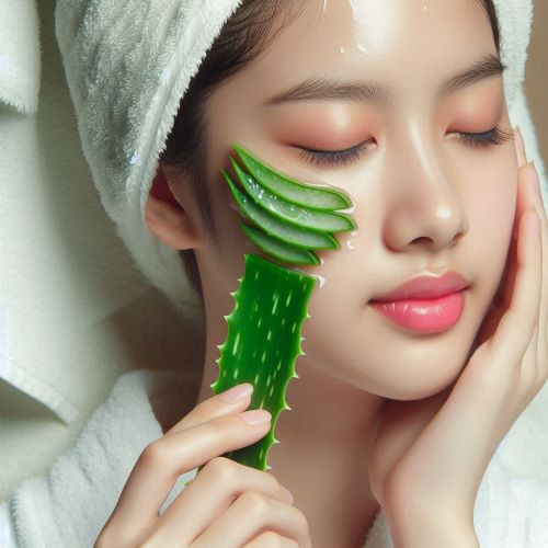 젊은 여성이 알로에를 잘라서 얼굴에 올리고 있다.