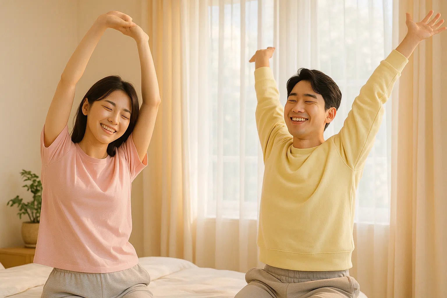 아침 햇살을 받으며 허리를 스트레칭하는 남성과 여성