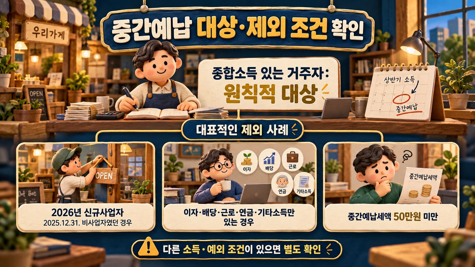 종합소득이 있는 거주자의 원칙적 대상 여부와 신규사업자, 특정 소득만 있는 사람, 중간예납세액 50만원 미만의 대표적인 제외 사례를 비교한 인포그래픽