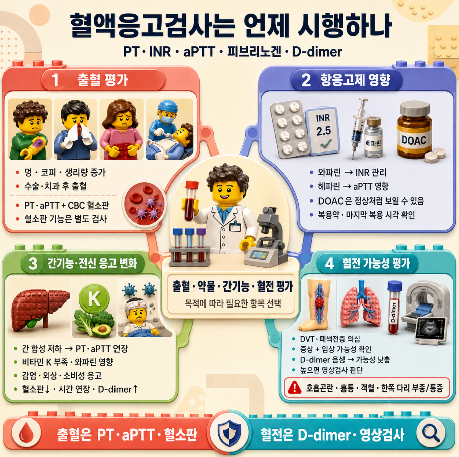 혈액응고검사를 언제 시행하는지와 출혈·항응고제·간기능·혈전 평가 상황을 정리한 레고 스타일 메디컬 인포그래픽