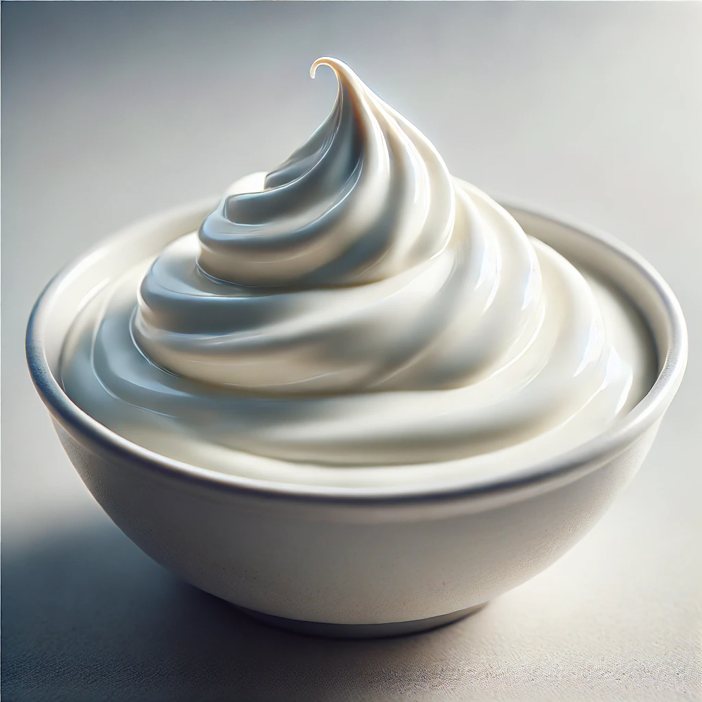 그릭 요거트가 담긴 흰색 세라믹 그릇. 요거트는 두껍고 부드러우며 윤기가 나고, 고소한 질감이 강조된 모습