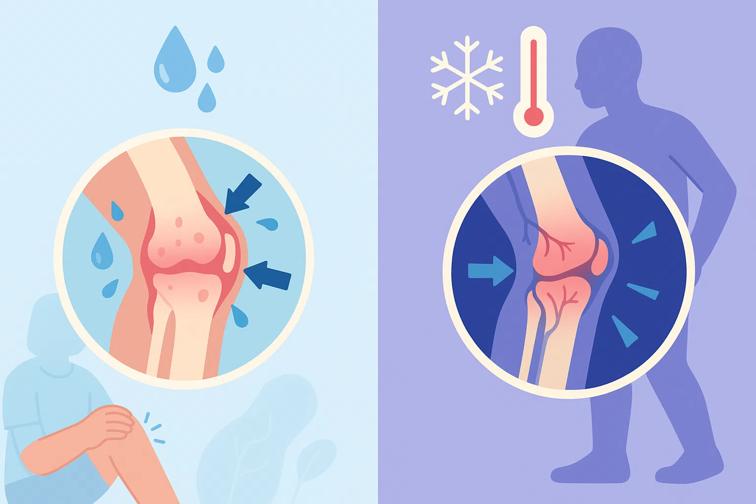 습도 상승으로 인한 관절 부종과 온도 하강으로 인한 혈액순환 저하를 비교