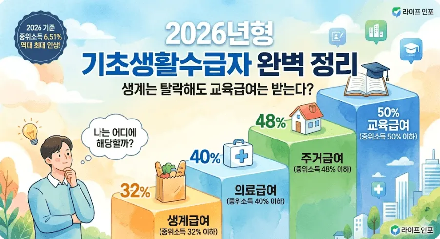 2026년 기초생활수급자 급여별 선정기준을 시각화한 수채화풍 일러스트입니다. 생계급여(32%), 의료급여(40%), 주거급여(48%), 교육급여(50%) 기준이 상승하는 계단형 블록으로 표현되어 각 급여마다 선정 조건이 다름을 직관적으로 보여줍니다. 생각에 잠긴 인물과 '나는 어디에 해당할까?'라는 문구를 통해 독자의 관심을 유도하며, 중위소득 인상과 통합급여 신청의 중요성을 강조하는 블로그 대표 이미지입니다.