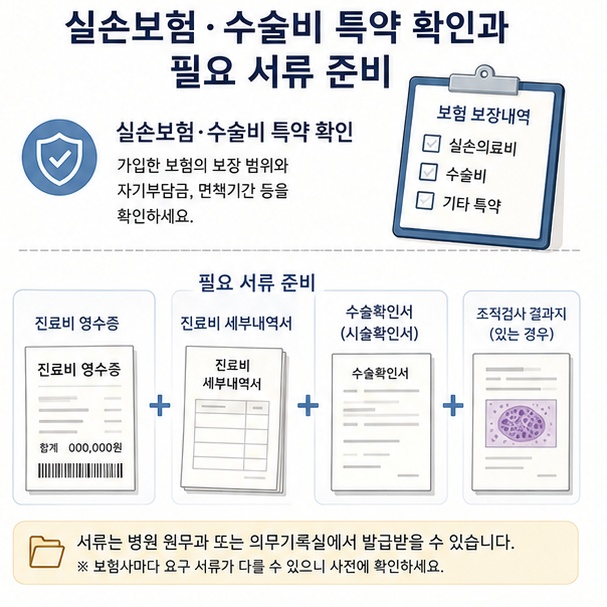 대장 용종제거 후 실손보험과 수술비 특약을 확인하기 위해 영수증과 세부내역서, 수술확인서를 준비하는 모습을 설명한 이미지