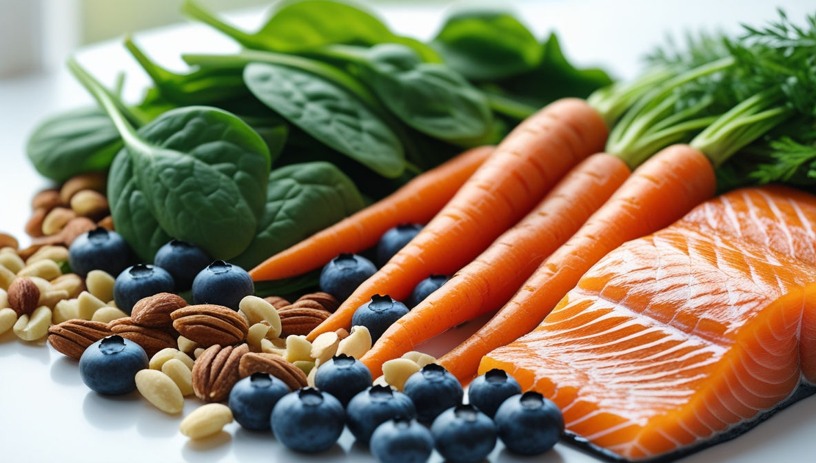 시금치, 당근, 블루베리, 견과류, 연어 등 눈 건강에 좋은 다양한 음식들이 다채롭게 배열된 사진