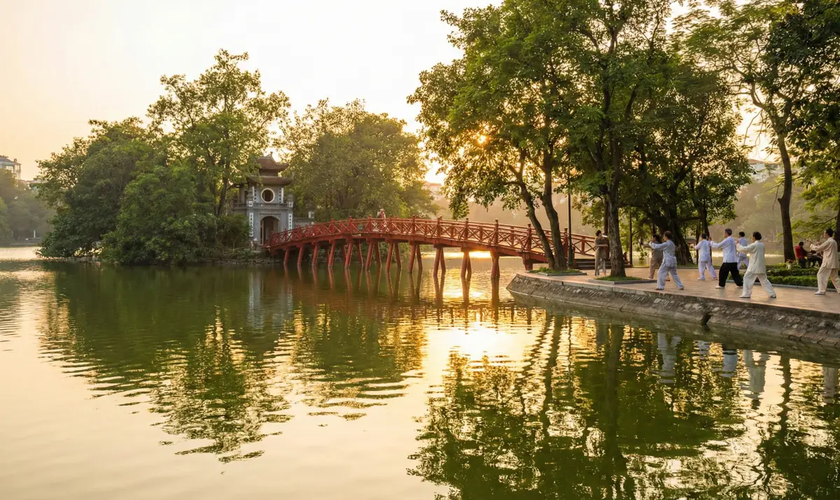 하노이 여행의 중심, 붉은색 테 훅 다리와 호안끼엠 호수의 평화로운 풍경