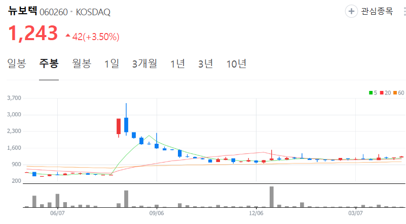 뉴보텍-주가-주봉