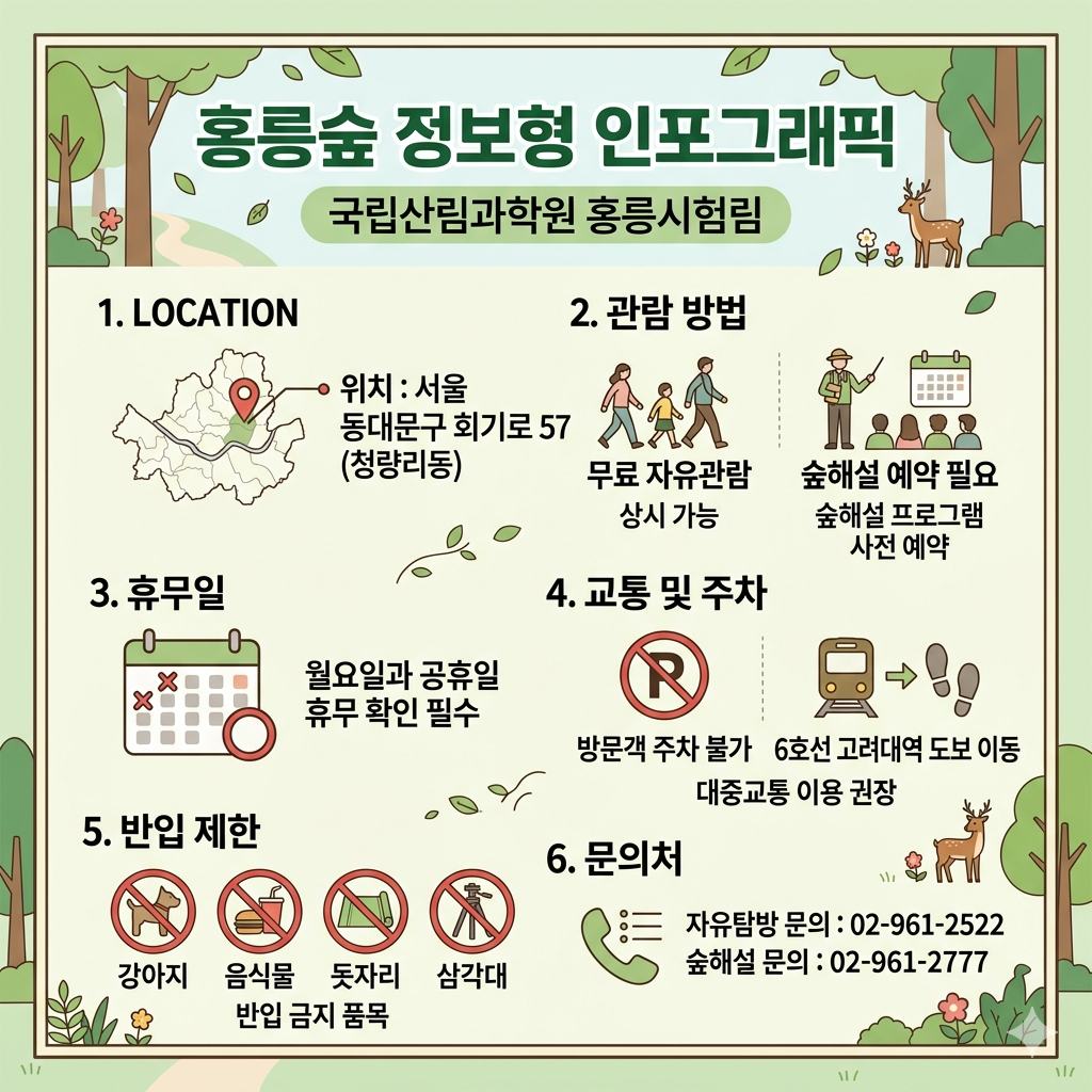 홍릉숲 방문 가이드|관람시간, 예약, 숲해설, 주차, 가는 법 인포그래픽