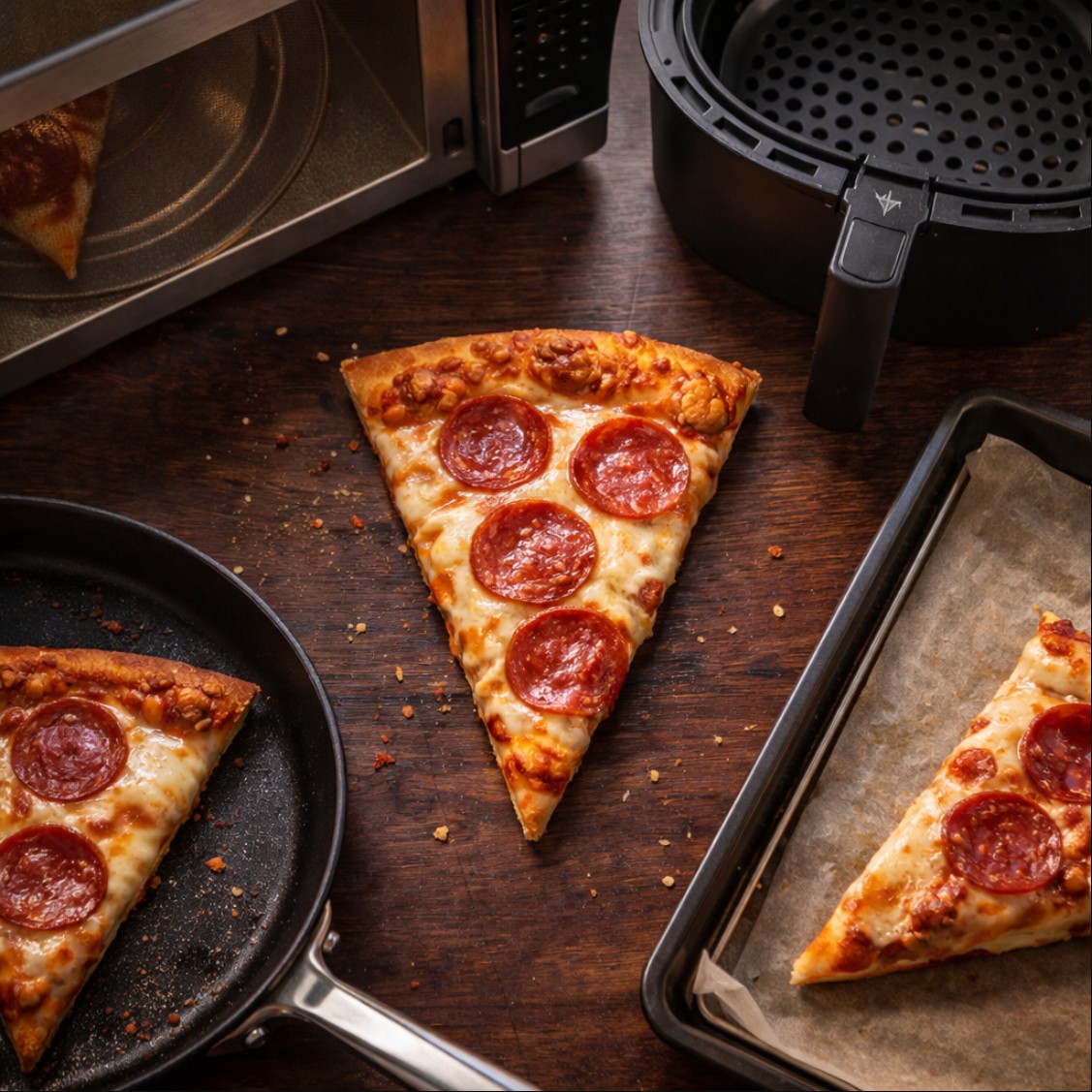 전자레인지·프라이팬·에어프라이어·오븐 도구별로 데운 식은 피자 비교 이미지