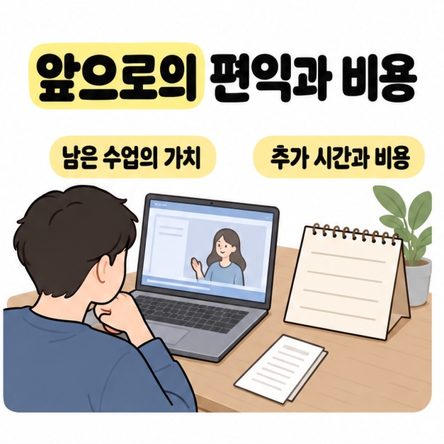앞으로의 편익과 비용이라는 문구 아래 학습자가 남은 온라인 수업과 일정 메모를 살펴보고 영수증을 책상 한쪽에 둔 그림