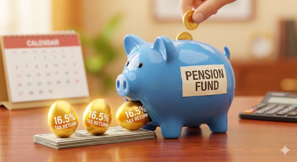 연금 저금통에 동전을 넣자마자, 반대편에서 '16.5% 환급'이라는 황금 알이 나오는 모습